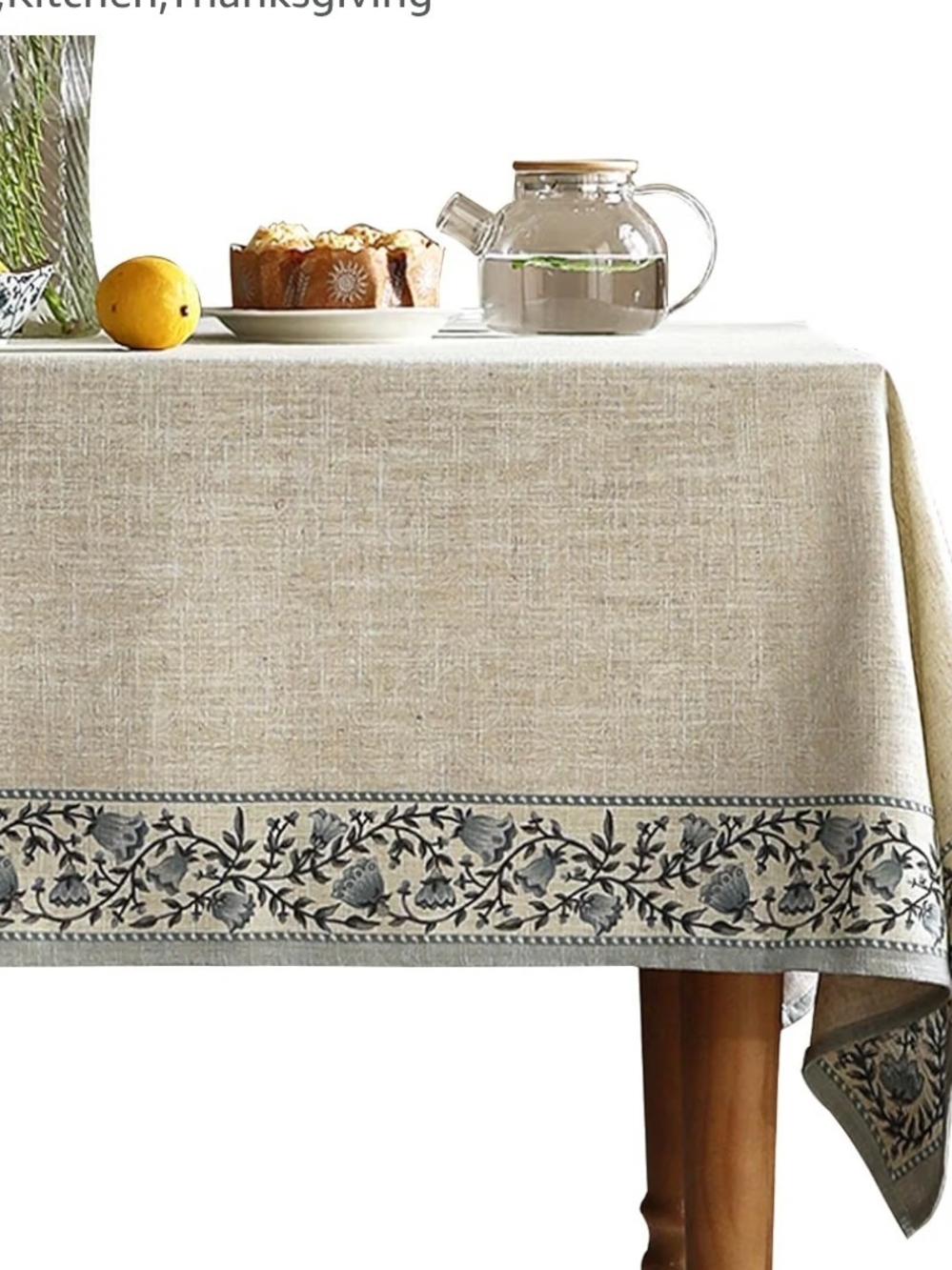 Neutral Designer Linen-Look Tablecloth with Floral Border 71 X 55